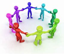 Several coloured individuals hold hands together in a ring, each person is coloured in a different colour. red, pink, purple, blue, light blue, green and light green.